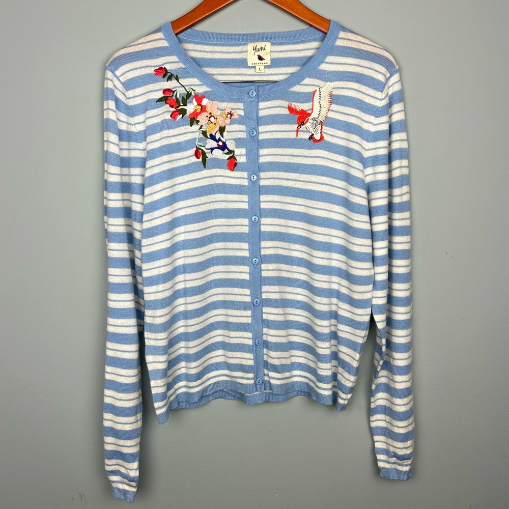 Yumi wool blend knit embroidered striped button front cardigan sweater size L